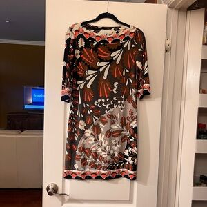 Donna Morgan Graphic Floral Shift Dress in Brown, Orange, Cream - Size 8
